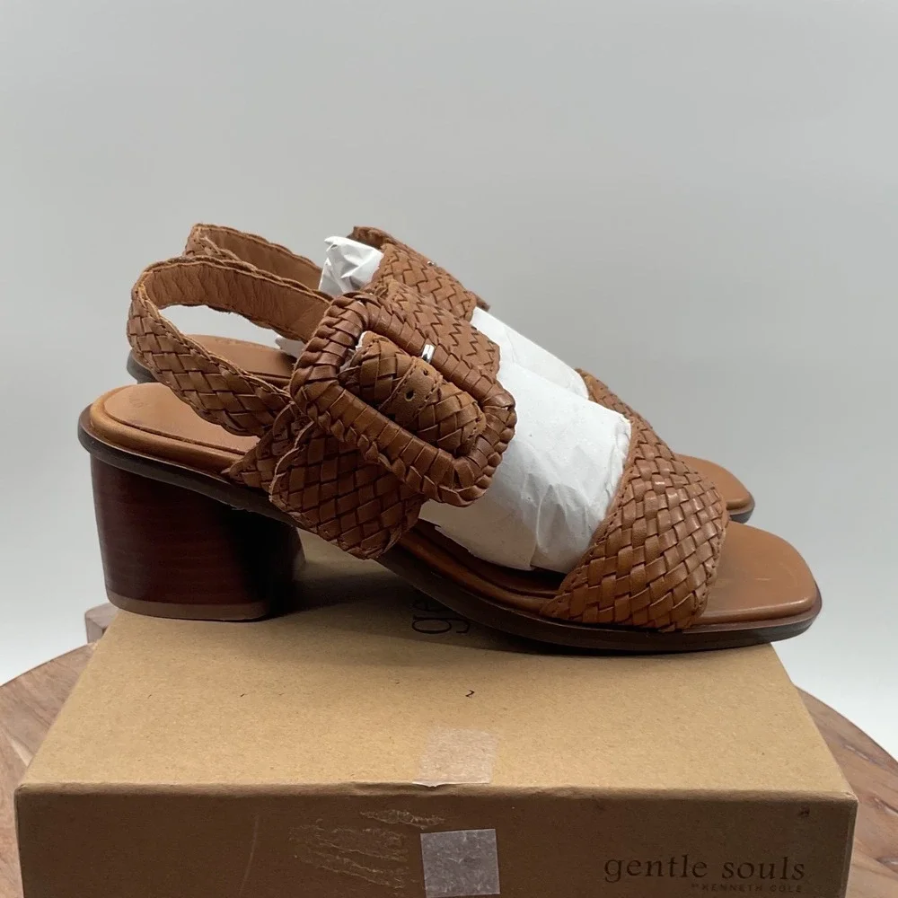 Gentle Souls Madylyn woven Leather Block Heel Sandals Cognac Brown Size 9